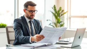 Executive leader in modern office reviewing strategic documents at desk, confident professional attire, natural window lighting, contemporary workspace with minimal design