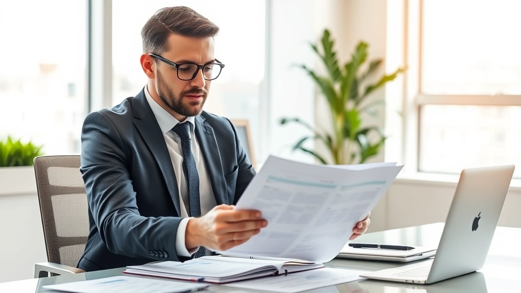Executive leader in modern office reviewing strategic documents at desk, confident professional attire, natural window lighting, contemporary workspace with minimal design