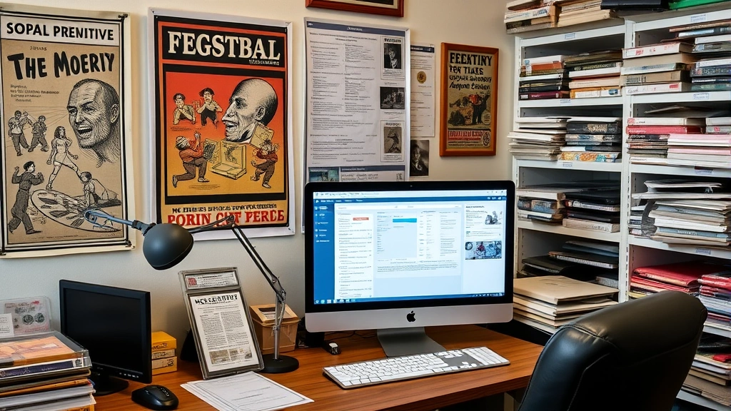 Organized collector's workstation with documented poster inventory, professional grading certificates, appraisal documents, and detailed cataloging records on computer monitor, storage materials organized on shelves