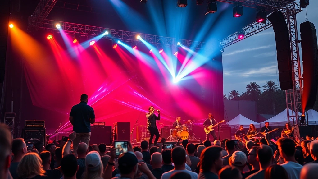 Professional live band performing on large concert stage with dynamic lighting, passionate musicians in action, energetic crowd atmosphere, outdoor festival setting, golden hour lighting