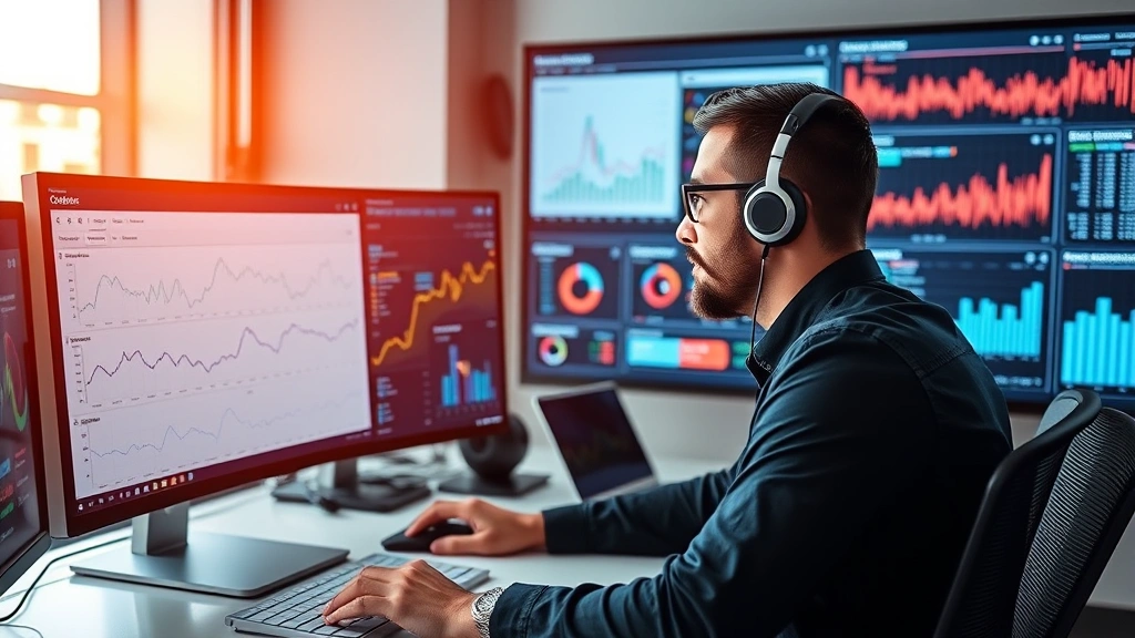 Data analyst reviewing concert analytics on multiple computer monitors, business intelligence dashboard displaying performance metrics, professional office environment, sophisticated technology setup