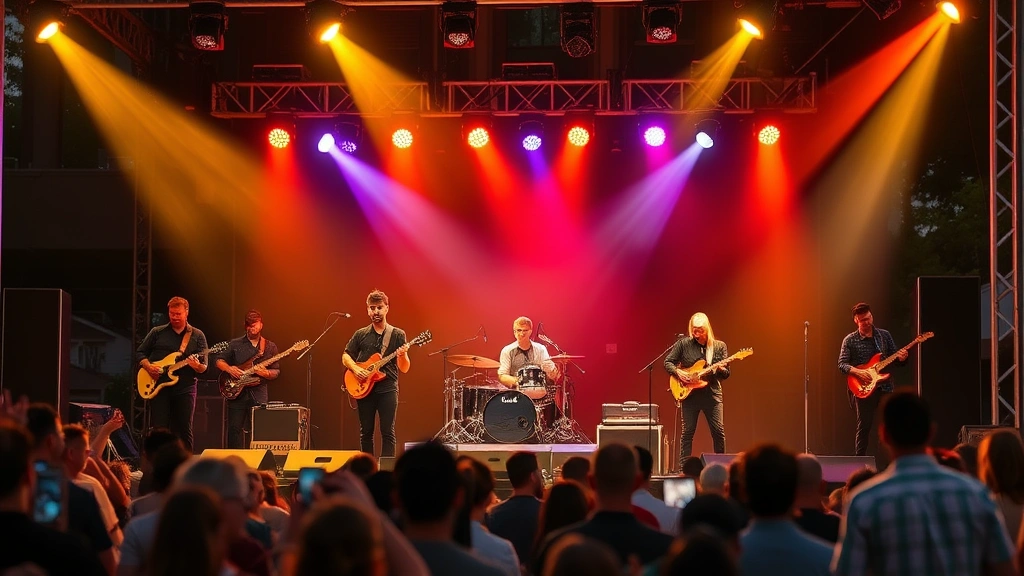 Professional musicians performing live concert on stage with dramatic lighting and engaged audience, energetic atmosphere, diverse band members playing instruments in synchronized performance, outdoor venue setting