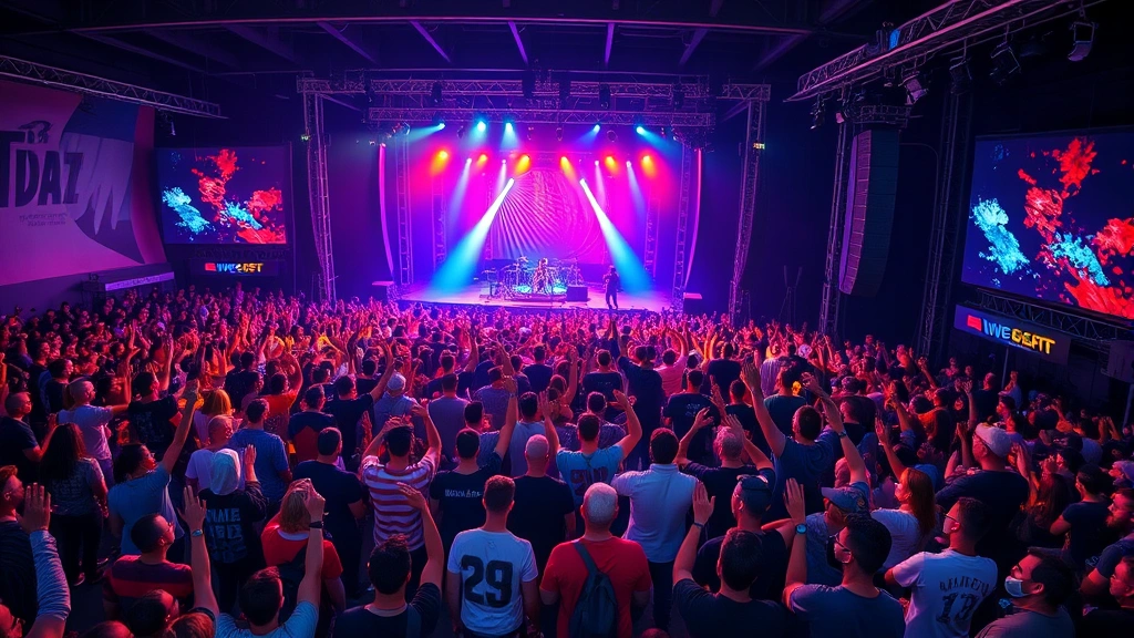Concert crowd from elevated perspective showing thousands of fans with hands raised, colorful stage lighting, festival atmosphere, diverse audience members enjoying live music performance, vibrant energy and connection