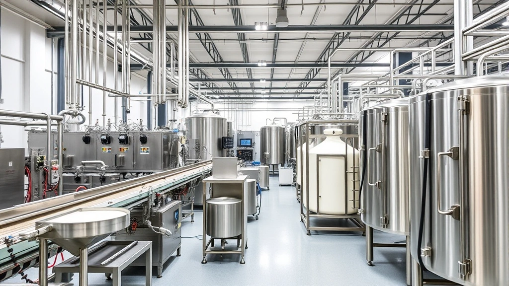 Modern industrial dairy processing facility with stainless steel equipment, conveyor systems, and pasteurization tanks. Professional, clean manufacturing environment showcasing food safety standards and automation technology.
