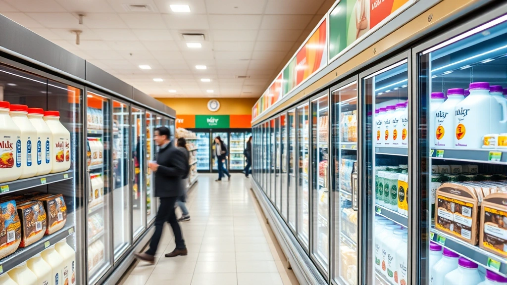 Busy supermarket dairy aisle with refrigerated display cases showing milk bottles and dairy products. Professional retail environment with bright lighting and organized product presentation.