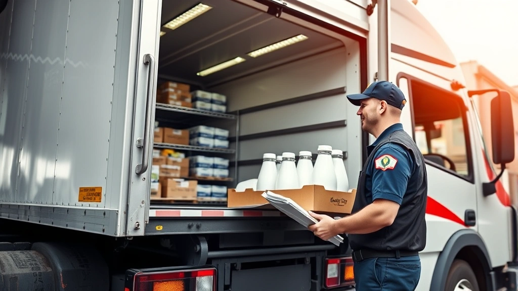 Truck driver in uniform performing quality check on refrigerated delivery vehicle loaded with dairy products. Professional logistics and cold chain management in commercial setting.