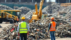 Professional construction site with heavy equipment and organized debris piles being sorted by workers in safety vests and hard hats, bright daylight, corporate photography style