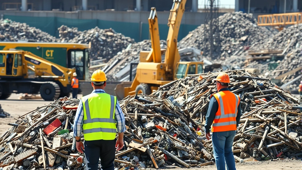 Professional construction site with heavy equipment and organized debris piles being sorted by workers in safety vests and hard hats, bright daylight, corporate photography style