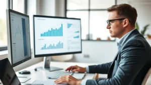 Professional male CEO in modern office setting, reviewing business analytics on computer monitor, confident expression, wearing business attire, natural lighting from windows, minimalist desk with laptop and documents