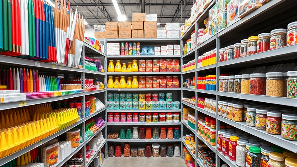 Overhead view of colorful cake decorating supplies organized in retail display shelves, including fondant tools, piping bags, sprinkles, and edible decorations, well-lit warehouse environment, professional product arrangement