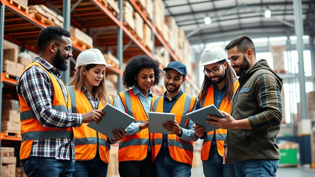 Team of diverse warehouse workers collaborating in modern fulfillment center, reviewing inventory on tablets, organized shelving in background, professional safety gear, collaborative atmosphere with natural lighting
