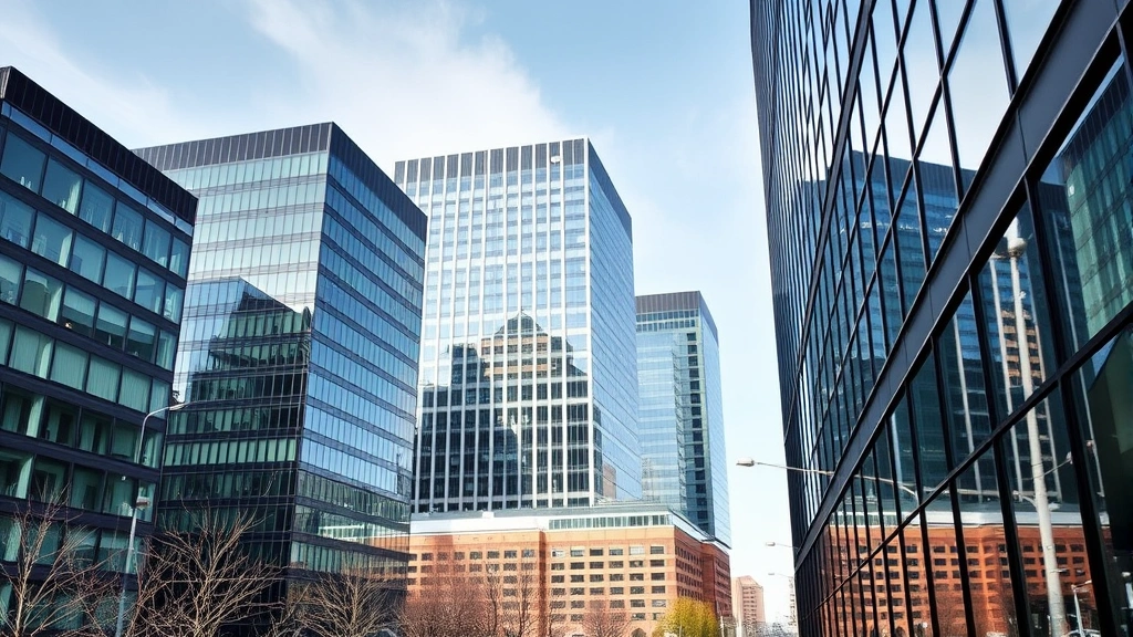 Professional business environment with corporate office buildings in Wilmington Delaware background, modern glass and steel architecture, daylight, financial district setting