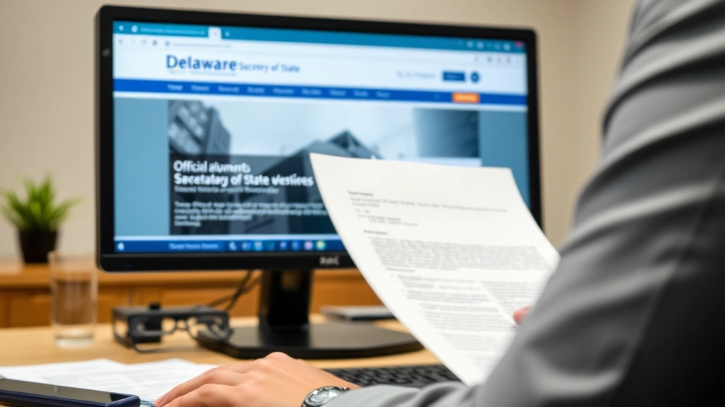 Close-up of business professional reviewing official documents at desk with computer monitor showing Delaware Secretary of State website interface, neutral office background