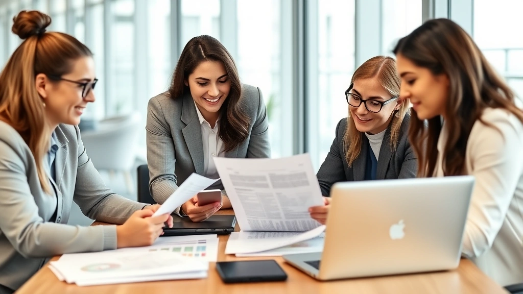 Diverse business team in modern conference room examining corporate records and reports, laptops and tablets visible, collaborative meeting atmosphere, professional attire
