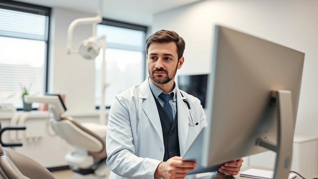 Professional dentist in white coat reviewing digital marketing analytics on computer monitor in modern dental office, focused expression, contemporary workspace with dental equipment visible in background