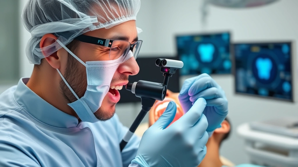 Male dentist wearing protective gear examining patient's teeth using intraoral camera, advanced dental technology visible, professional clinical environment with digital displays