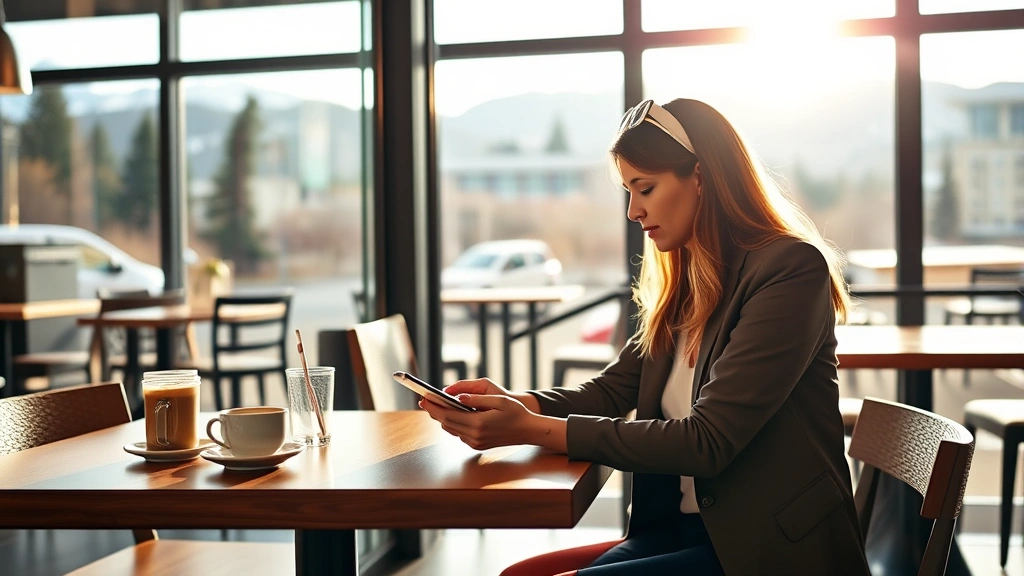 Professional woman in casual business attire reviewing data on tablet at modern coffee shop table, warm morning lighting, Colorado mountain view through window in background