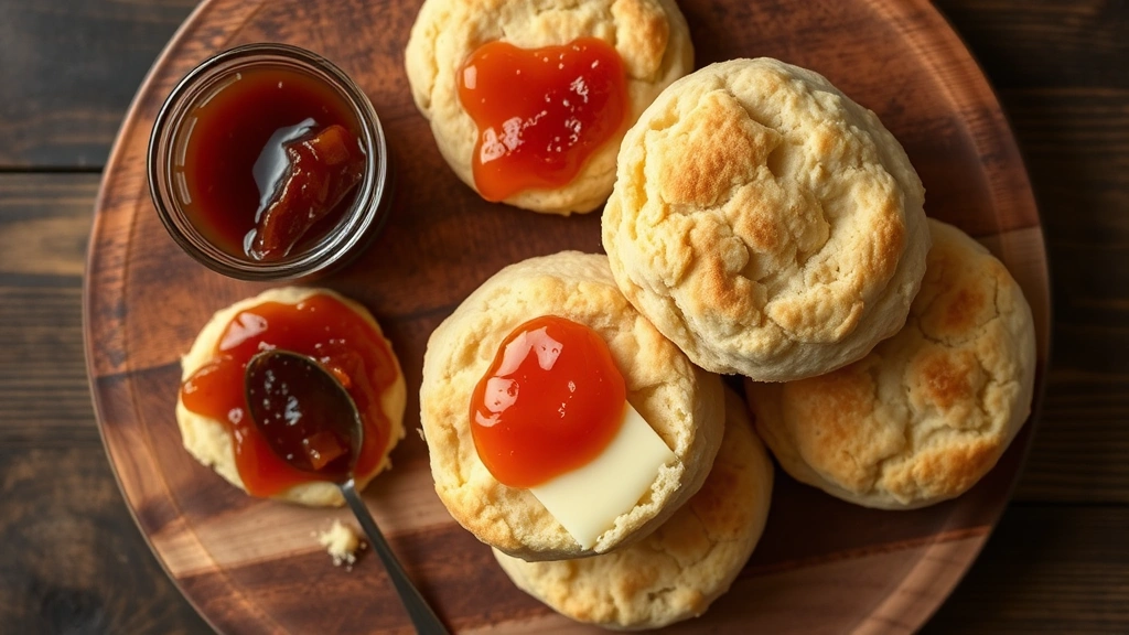 Overhead view of artisanal Southern biscuits with fresh butter and jam on rustic wooden board, professional food photography, natural daylight, no text visible