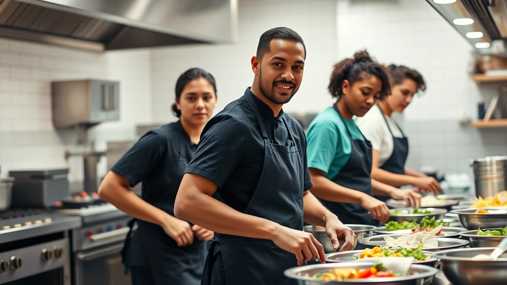 Young diverse team of restaurant staff in modern kitchen preparing food, focused and engaged, professional commercial kitchen environment, professional photography style