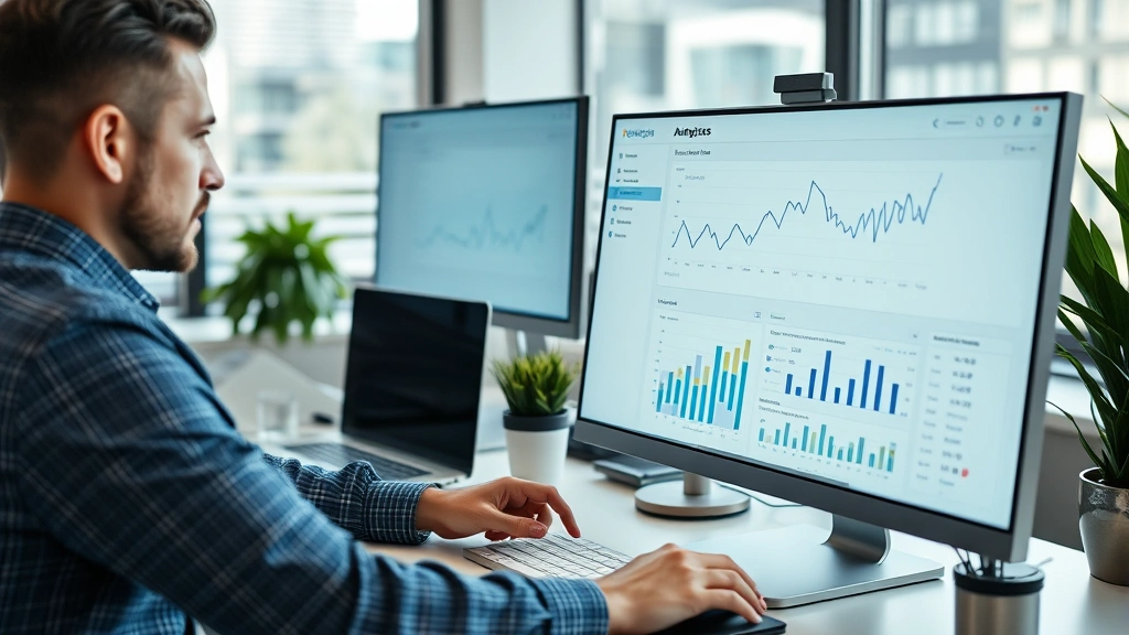 Experienced marketing professional in Denver office analyzing digital analytics dashboard on computer screen showing traffic metrics and performance data, focused concentration