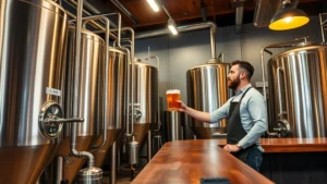 Professional craft brewery interior with stainless steel fermentation tanks, warm lighting, wooden bar counter, experienced brewmaster in apron examining beer color against light source, clean organized production environment
