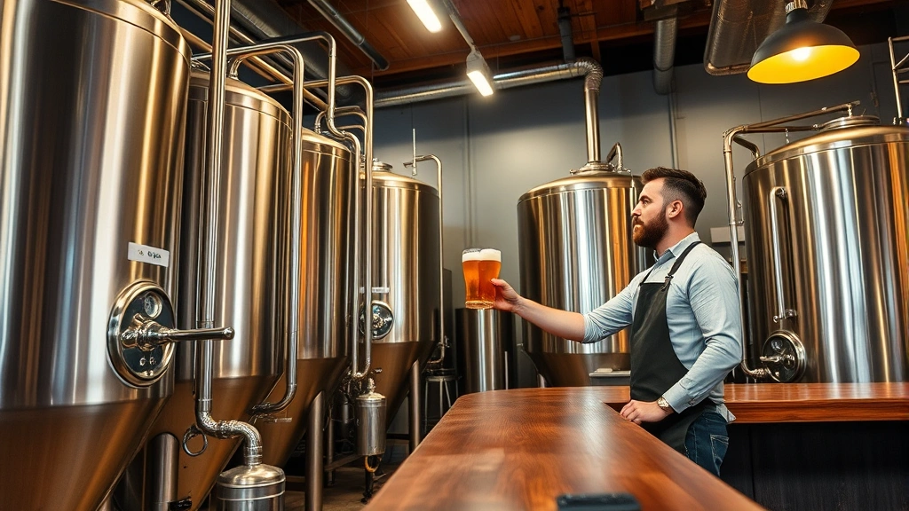 Professional craft brewery interior with stainless steel fermentation tanks, warm lighting, wooden bar counter, experienced brewmaster in apron examining beer color against light source, clean organized production environment