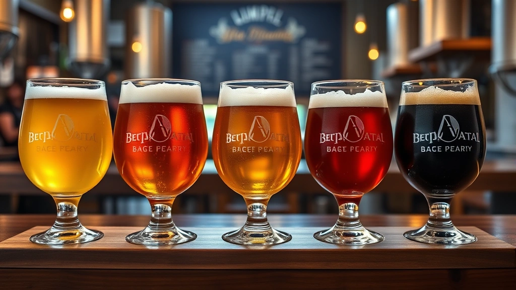 Artisanal beer tasting flight presentation with five distinct beer styles in proper glassware, showing color variations from pale gold to deep brown, condensation on glasses, professional brewery taproom setting with soft ambient lighting