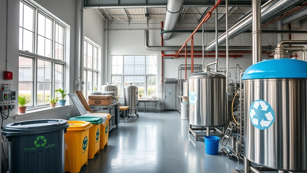 Sustainable brewery operations showing water conservation system, recycling bins, renewable energy solar panels visible through windows, modern efficient production floor with organized equipment, environmental commitment visible throughout clean workspace