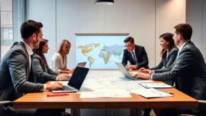 Corporate executives in business attire reviewing destination maps and travel logistics on large conference table with laptops and planning documents