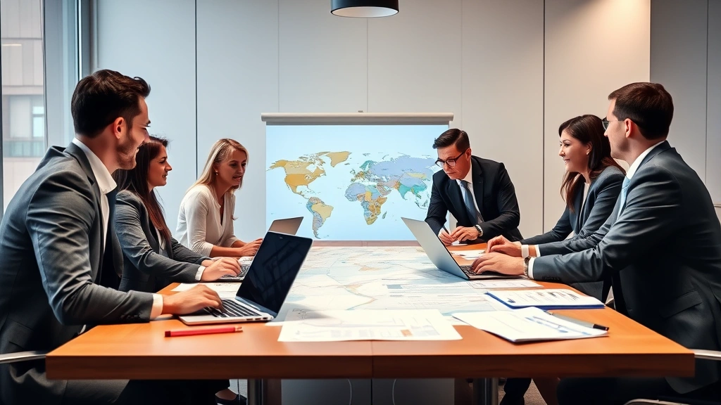 Corporate executives in business attire reviewing destination maps and travel logistics on large conference table with laptops and planning documents
