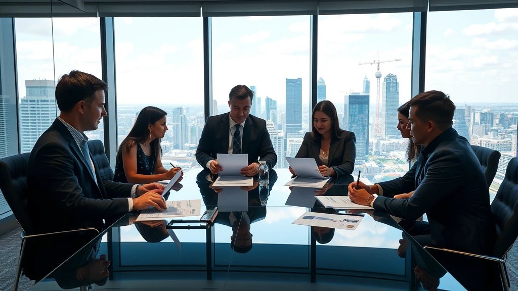 Corporate executives reviewing destination management strategy documents in modern boardroom setting with cityscape views through floor-to-ceiling windows
