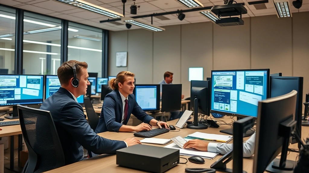 Professional destination management team coordinating logistics with local vendors in modern operations center environment with multiple screens and communication equipment