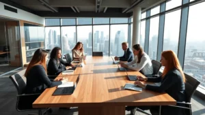 Professional business team in modern conference room collaborating around a large wooden table, with laptops, notepads, and city skyline visible through floor-to-ceiling windows, bright natural lighting, corporate atmosphere