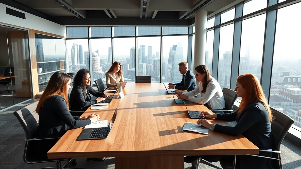 Professional business team in modern conference room collaborating around a large wooden table, with laptops, notepads, and city skyline visible through floor-to-ceiling windows, bright natural lighting, corporate atmosphere