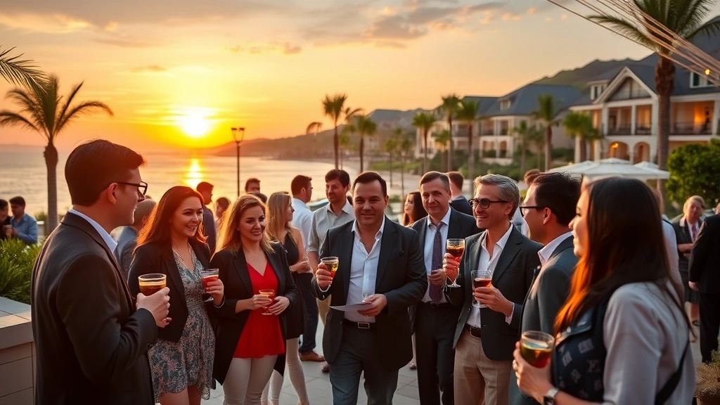 Diverse group of corporate professionals networking at an upscale resort destination, cocktails in hand, elegant outdoor venue with sunset lighting, relaxed yet professional ambiance, building relationships