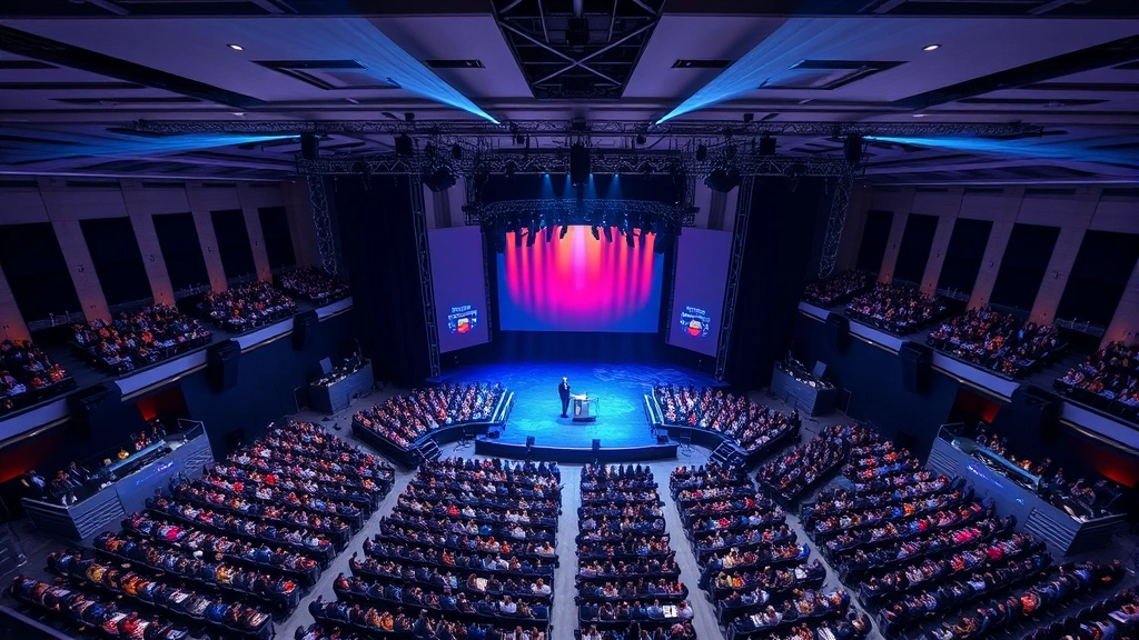Aerial view of a large-scale corporate conference venue with hundreds of attendees in a modern auditorium, professional stage setup, sophisticated lighting design, organized crowd dynamics