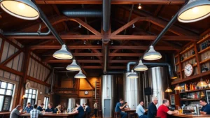 Professional brewery interior with rustic timber, modern lighting fixtures, and bar seating where customers enjoy craft beverages and conversation in warm ambient lighting