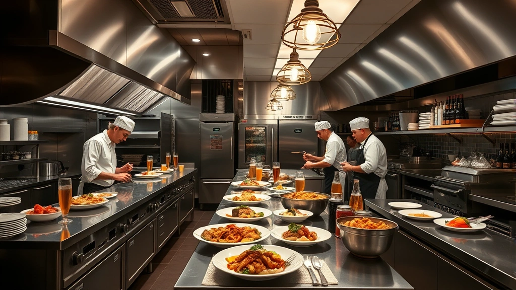 Upscale restaurant kitchen with professional stainless steel equipment, organized stations, and chefs preparing gourmet dishes that pair with craft beer selections