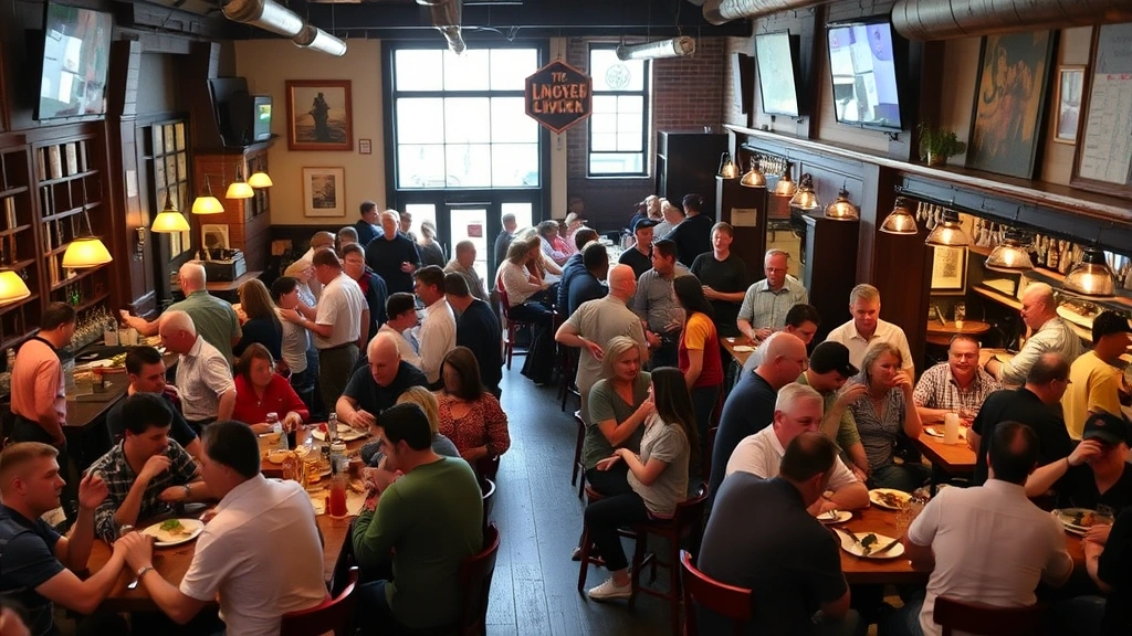 Crowded taproom during evening service with diverse customers enjoying food and beverages at various seating areas, creating vibrant community atmosphere with natural interaction