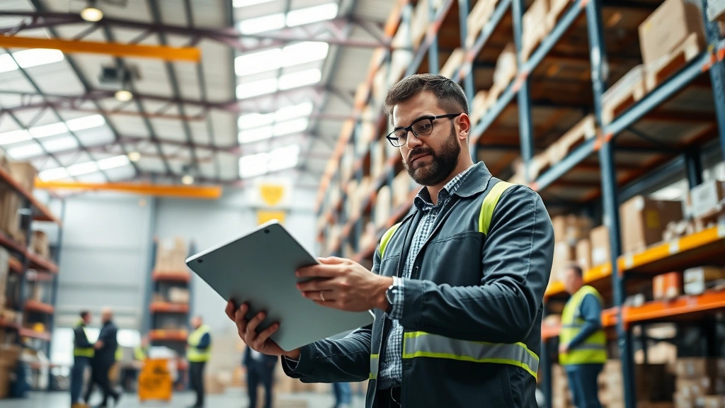 Professional logistics coordinator in modern warehouse facility, reviewing shipment data on tablet device, surrounded by organized inventory shelves and efficient warehouse operations, natural daylight from skylights, diverse team members working in background