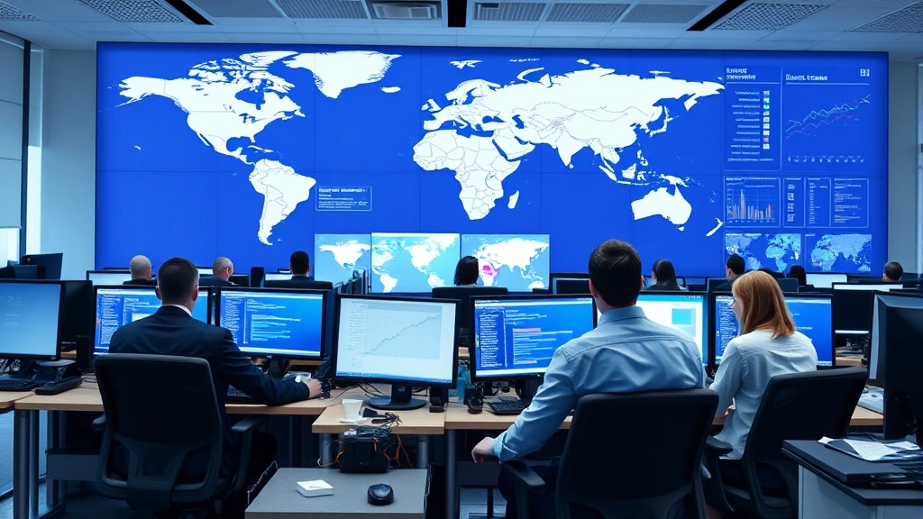 Global supply chain operations center with multiple professionals at workstations monitoring real-time shipping data, world maps on walls, collaborative office environment, modern technology infrastructure, business casual attire, focused concentration on logistics management