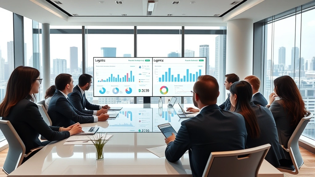 International business professionals in modern conference room conducting strategic planning session, discussing logistics optimization with charts and data visualization on digital displays, diverse team composition, professional corporate setting with city skyline views