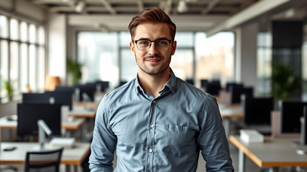 Professional businessman wearing premium casual shirt in modern office environment, natural lighting, confident posture, polished appearance, contemporary workspace background, no text
