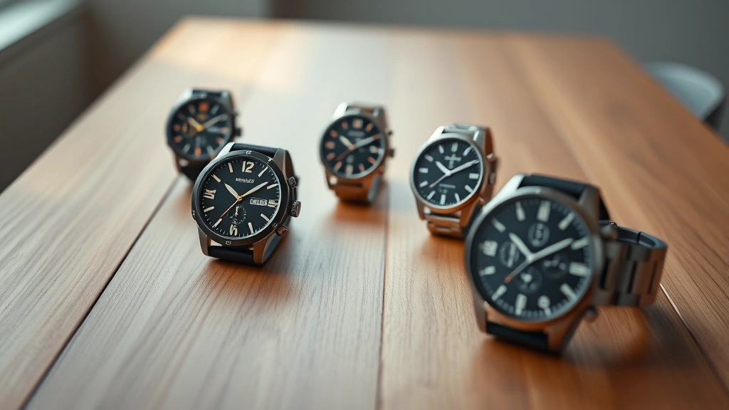 Contemporary watch collection displayed on minimalist wooden table with soft studio lighting, showing multiple Diesel timepieces with different colored dials and metal finishes, shallow depth of field