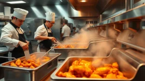 Professional restaurant kitchen with chefs preparing wings at high-temperature fryers, steam visible, stainless steel equipment, professional culinary environment, daytime lighting, focus on technique and precision