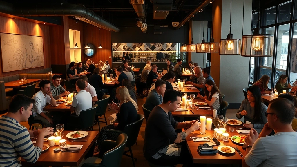 Modern casual dining restaurant interior with customers enjoying meals together at tables, warm lighting, contemporary décor, diverse group of diners, vibrant social atmosphere, candid candlelit dining scene