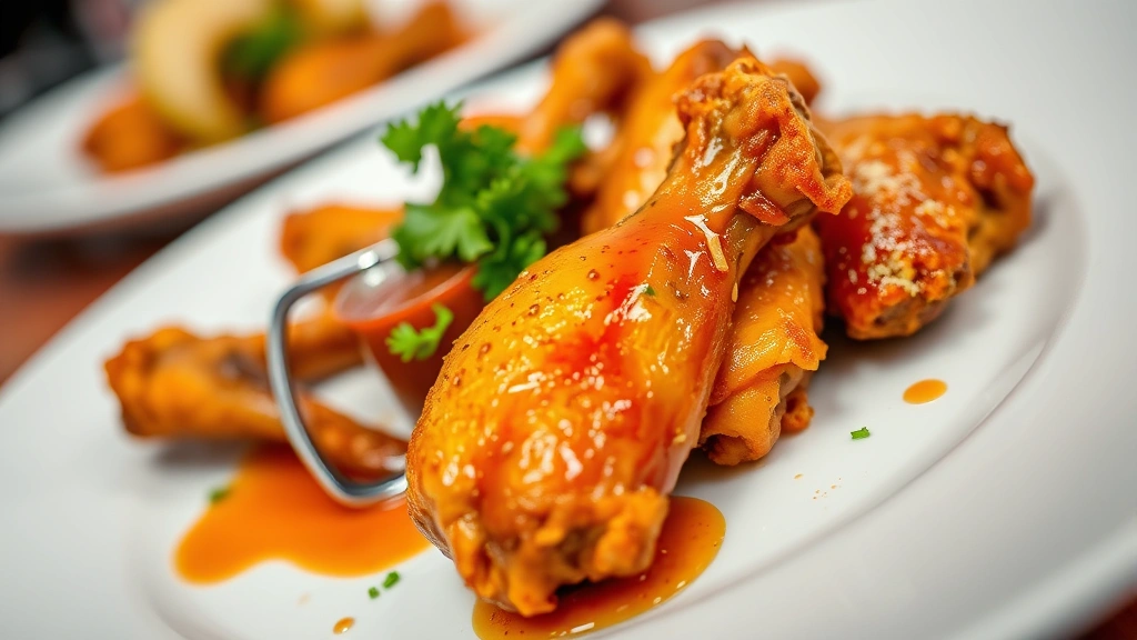 Close-up of plated wing dish with signature sauce, crispy golden coating, fresh garnish, professional food presentation on white plate, restaurant-quality photography, appetizing food styling, shallow depth of field