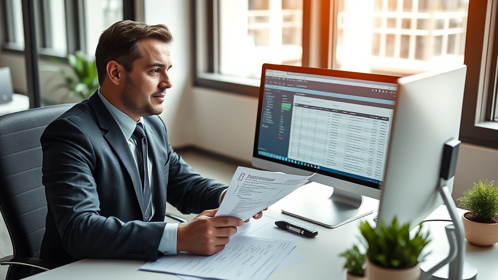 Professional HR manager reviewing employment documents and PTO policies at modern office desk, computer monitor visible with spreadsheet data, natural lighting from window, formal business attire, focused expression