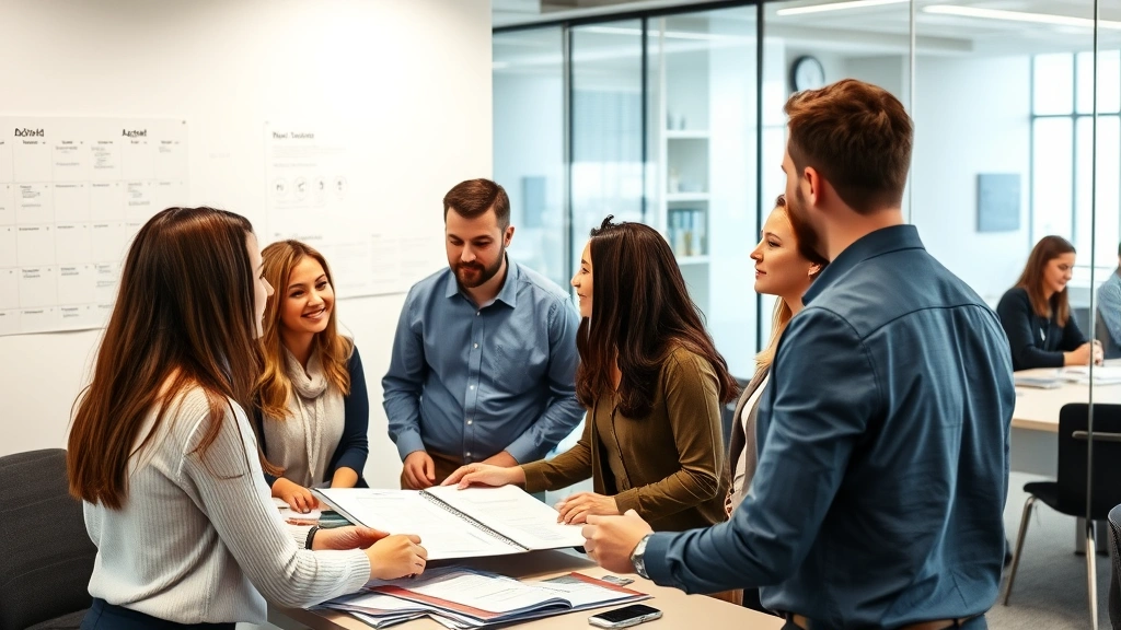 Team of diverse employees in corporate office collaborating on project with calendar visible on wall, modern workspace with glass partitions, casual professional dress, collaborative atmosphere, daytime setting