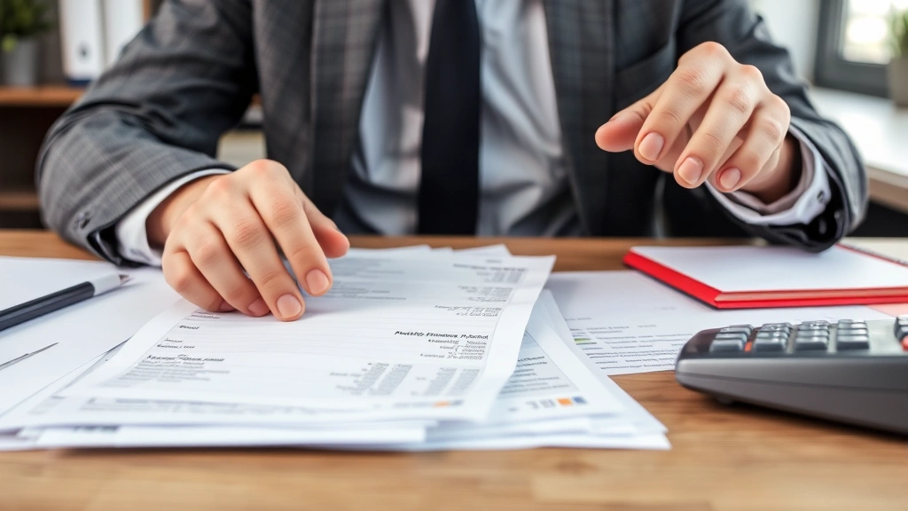 Close-up of payroll specialist processing final employee paycheck and PTO settlement paperwork, professional office environment, organized desk with documents and calculator, serious focused demeanor, contemporary workplace